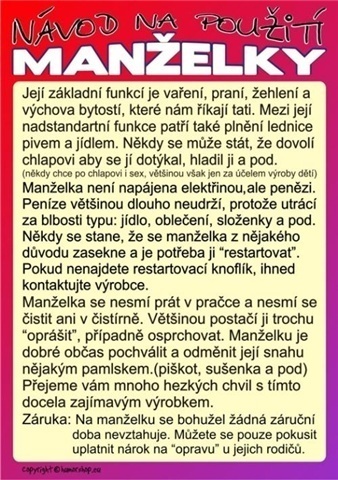 Vtipná cedule - Návod na použití manželky