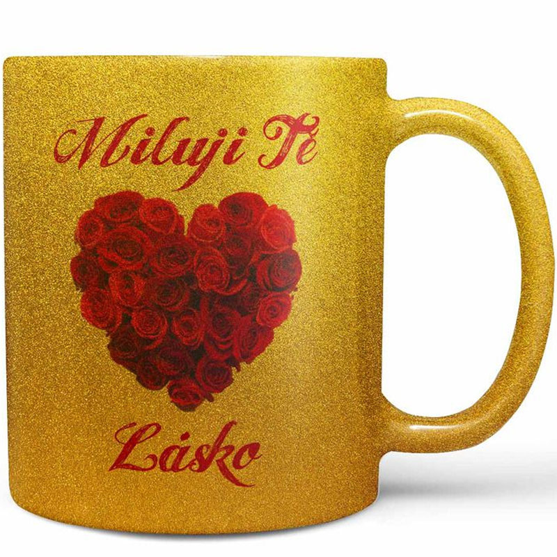 Hrnek zlaté barvy - Srdce z růží - Miluji Tě lásko