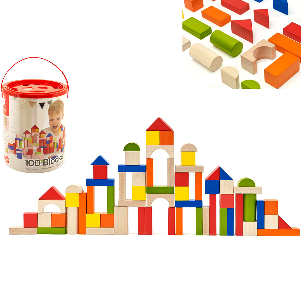 Kostky stavebnice dřevo 100 ks + vkládačka v kbelíku