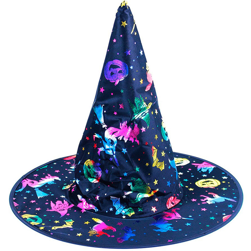 Čarodějnický klobouk s lesklým barevným potiskem