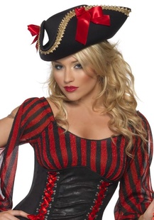 Pirátský klobouk černý trojhranný s červenými mašlemi