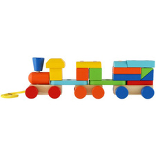 Vlak + 2 vagóny dřevo tahací - stavebnice 19 dílků