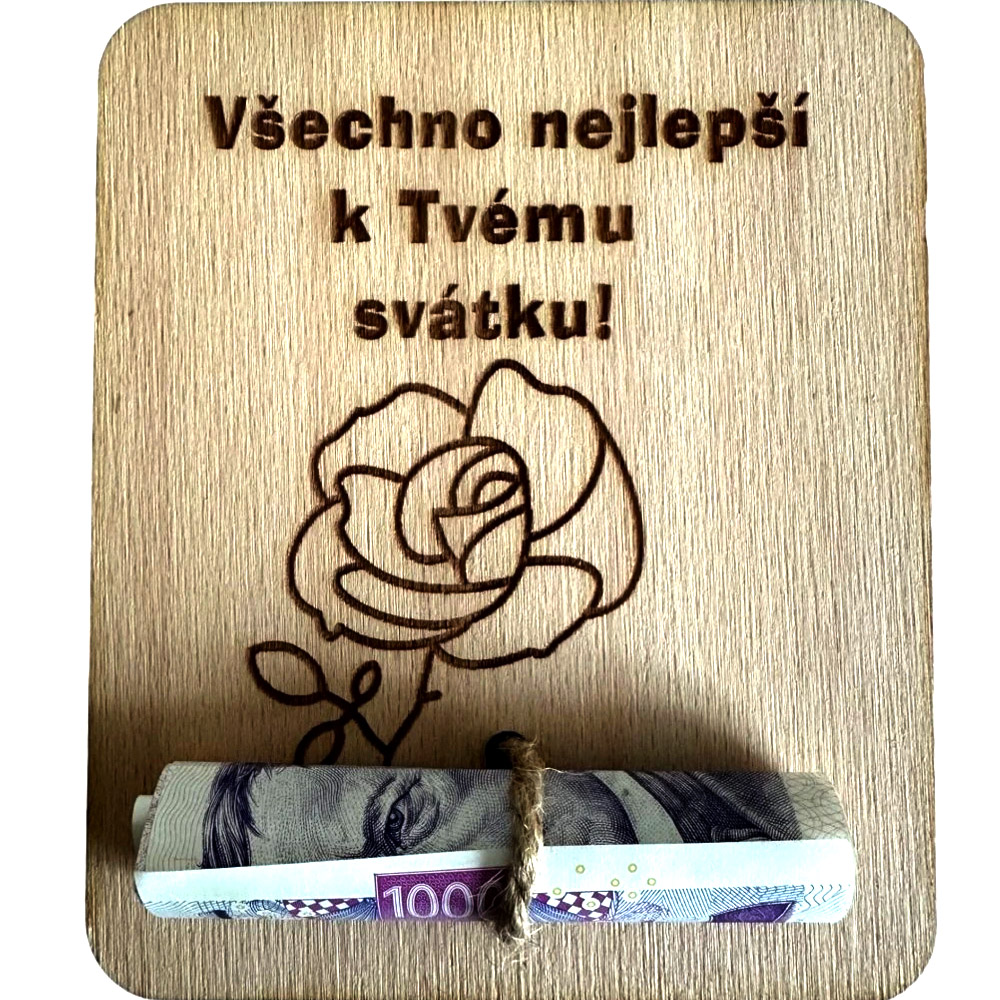 Dřevěná dárková karta na peníze k svátku