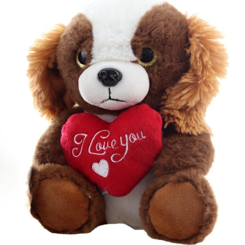 Plyšový pes s bílým čumákem a se srdíčkem