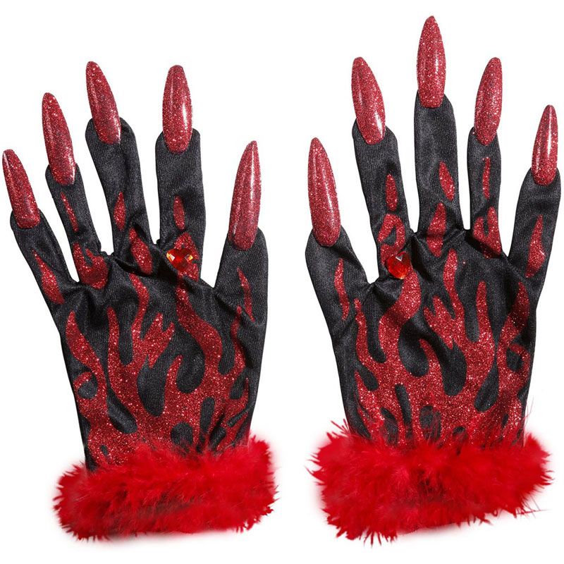 Čertovské rukavice s plameny a glitrovými nehty