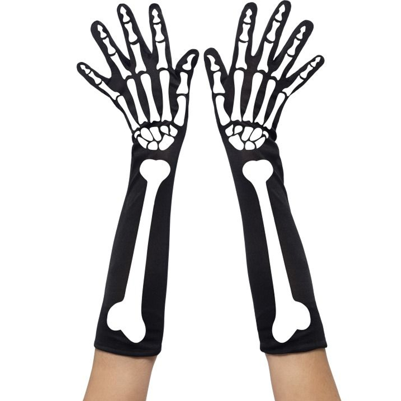 Černé dlouhé rukavice s bílými kostmi