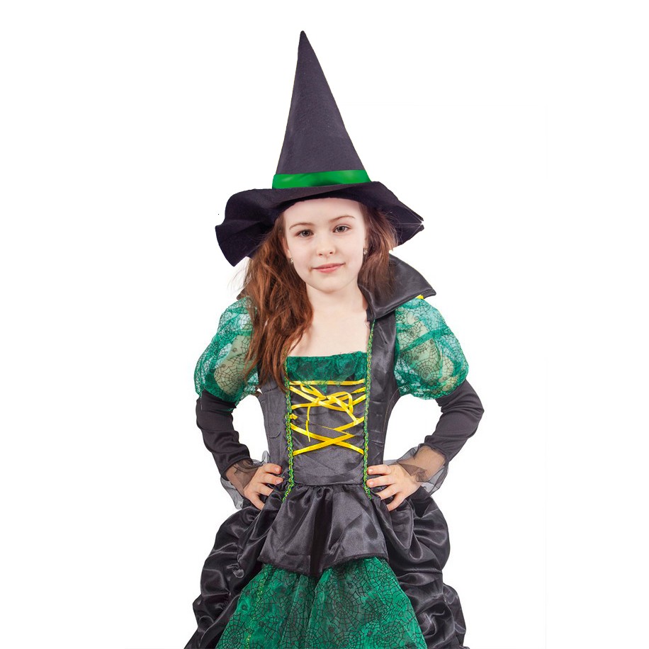 Dětský kostým pro čarodějnici - zelené šaty s kloboukem