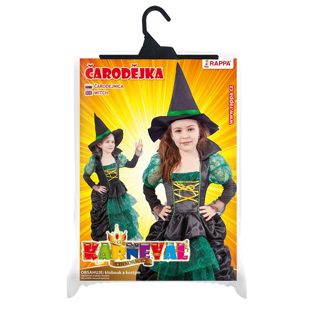 Dětský kostým pro čarodějnici - zelené šaty s kloboukem