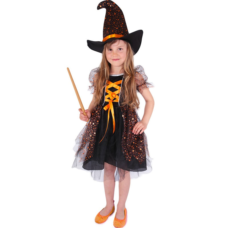 Dětský kostým čarodějnice - Oranžové hvězdy 8-12 let
