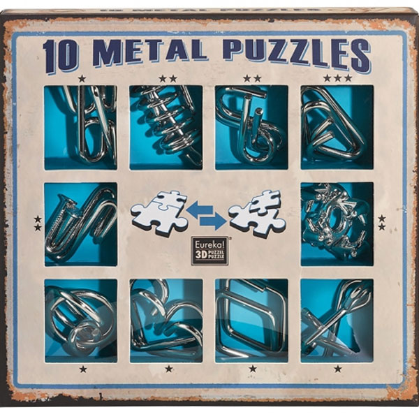 Modrá sada 10 kovových hlavolamů