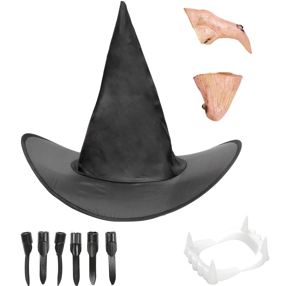 Set čarodějnice - klobouk, nos, brada, zuby a nehty