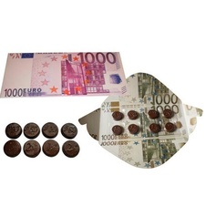 Bankovka 1000 euro s čokoládovými mincemi