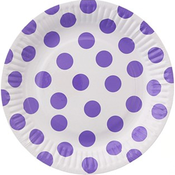 Tácky papírové bílé s fialovými puntíky